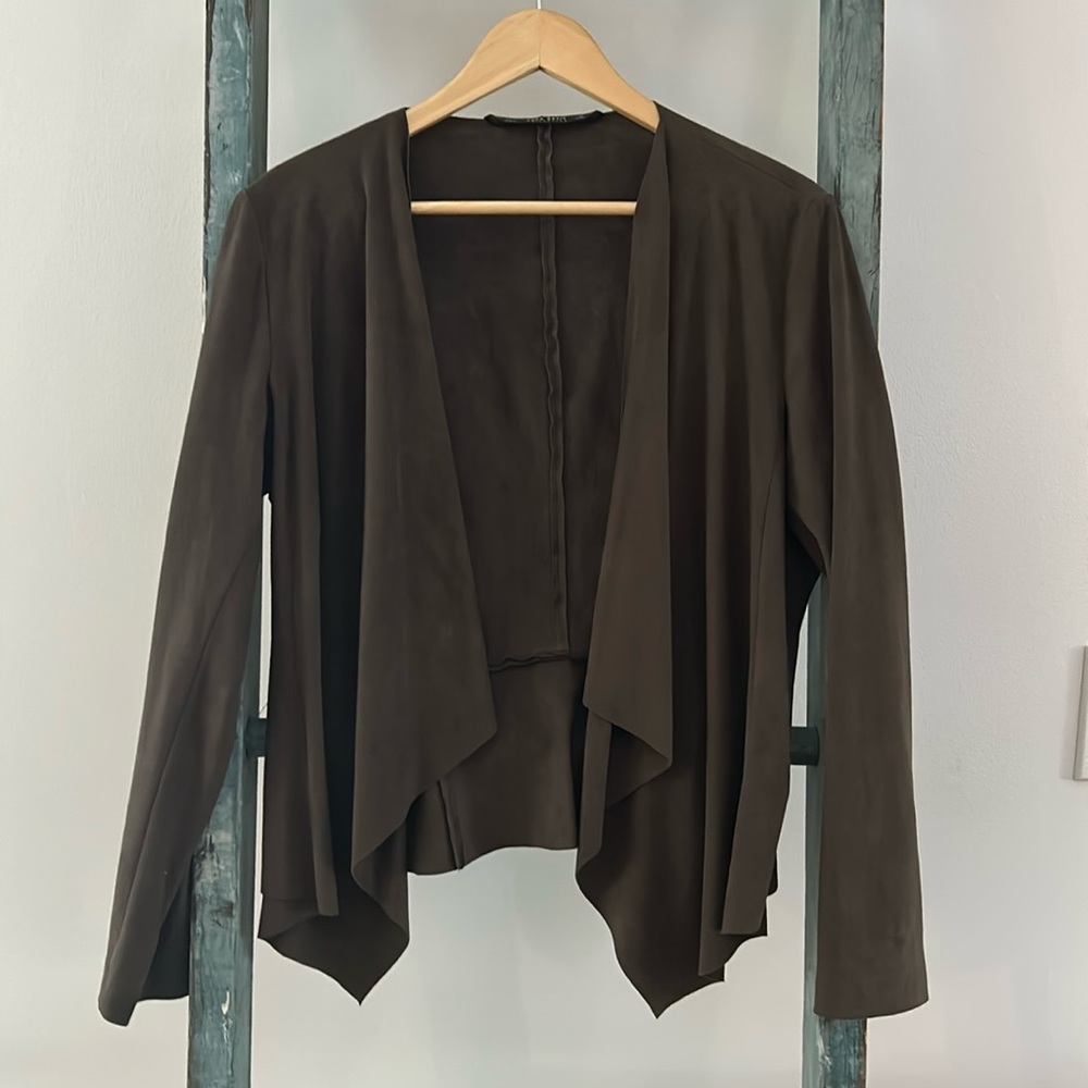 Zara Faux Suede Open Front Cardigan - Dark Brown